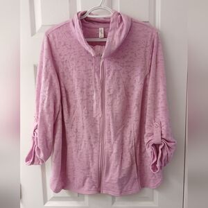 EXERTEK Cowl Neck Full Zip Roll Tab Sleeve Top – Pink/Lavender Size 1X